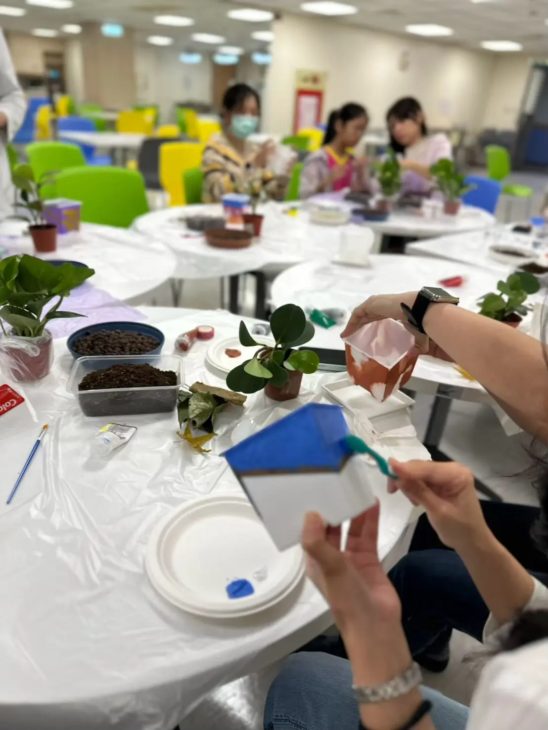 醫護人員在園藝療育課程中彩繪盆器