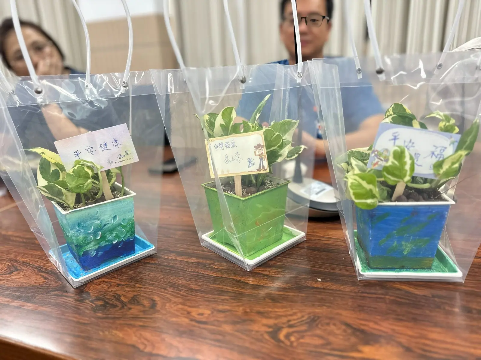 園藝治療工作坊成品：三盆彩繪盆栽插上手寫祝福卡，裝進透明提袋